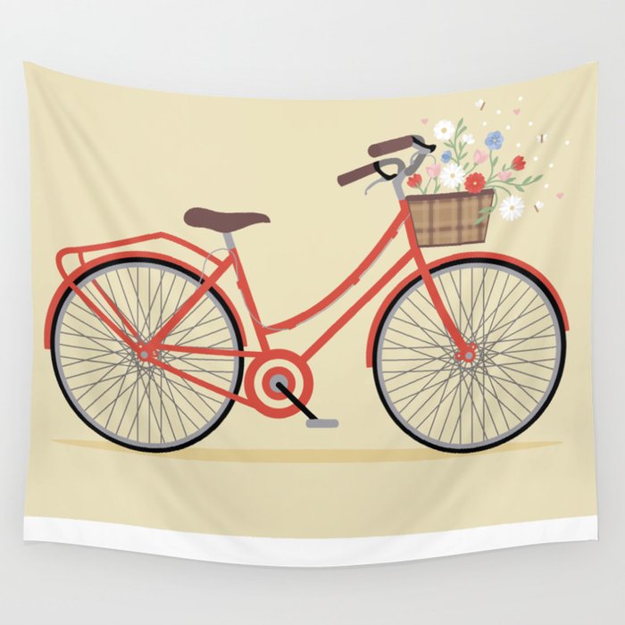 Flower Basket Bicycle Illustration Wall Tapestry