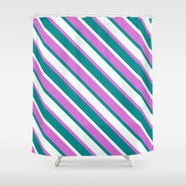 [ Thumbnail: Orchid, Dark Cyan, and Mint Cream Colored Striped/Lined Pattern Shower Curtain ]