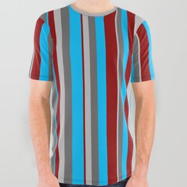 [ Thumbnail: Grey, Dim Grey, Deep Sky Blue & Dark Red Colored Stripes Pattern All Over Graphic Tee ]