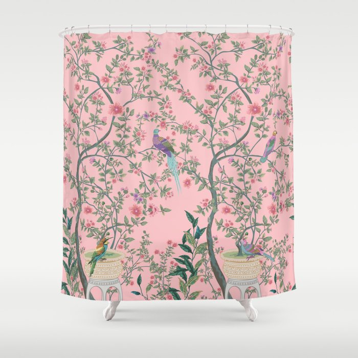 Chinoiserie Pink Fresco Floral Garden Birds Oriental Botanical Shower Curtain