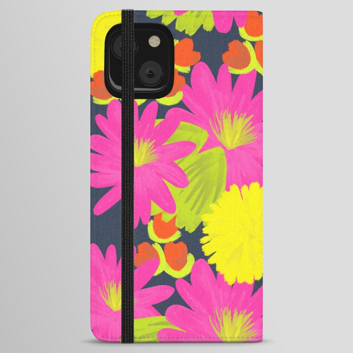 Tropical Flowers Mid-Century Modern Hot Pink On Navy Blue iPhone Wallet Case