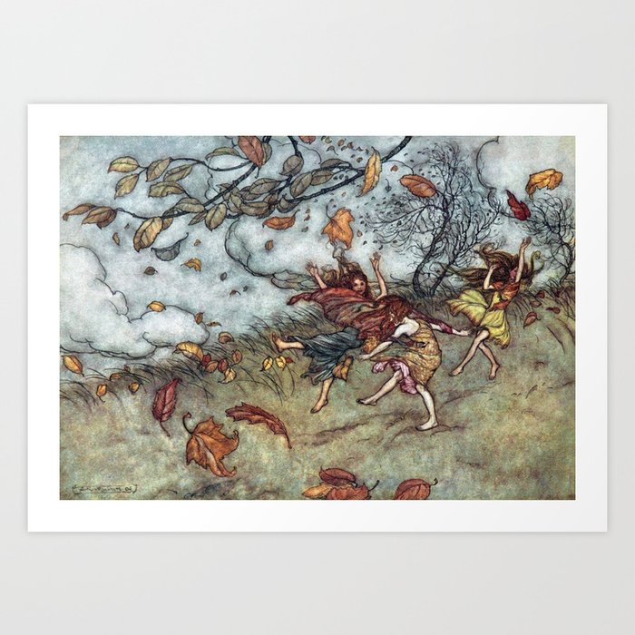 Autumn by Arthur Rackham, 1906 Art Print | Painting, Vintage, Seasons, Trees, Fairy-tales, Girls, Women, Nature