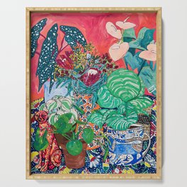 Jungle of Houseplants and Flowers on Bright Coral Pink with Wild Cats Serving Tray