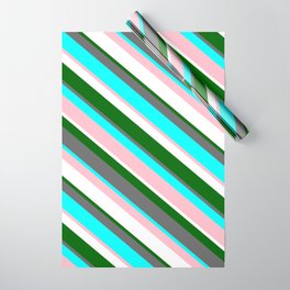 [ Thumbnail: Eyecatching Dark Green, Dim Grey, Aqua, Pink & White Colored Lines/Stripes Pattern Wrapping Paper ]