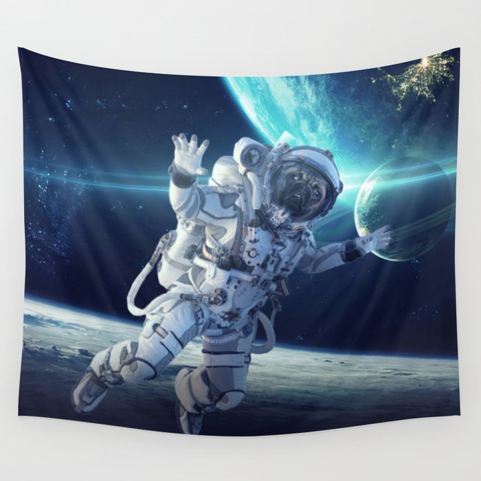 Pug dog astronaut in the universe Wall Tapestry