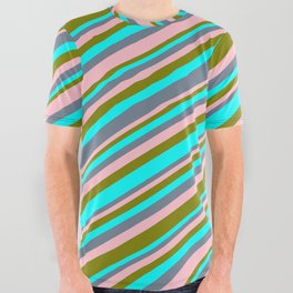 [ Thumbnail: Cyan, Slate Gray, Pink & Green Colored Lines Pattern All Over Graphic Tee ]