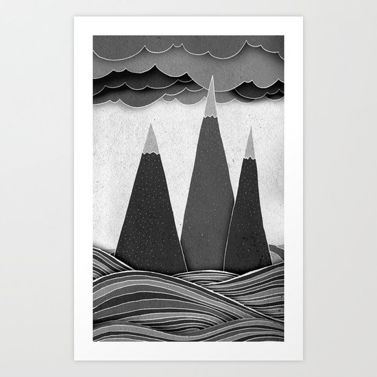 Clouds. Mountains. Water. (black and white) Art Print