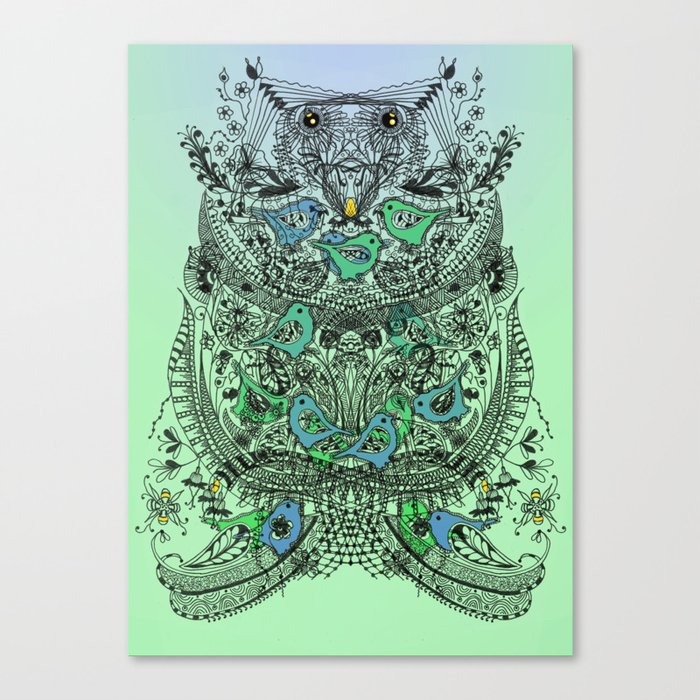 Little Birds and big brother Owl Canvas Print