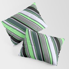 [ Thumbnail: Eye-catching Lavender, Grey, Dark Slate Gray, Green & Black Colored Pattern of Stripes Pillow Sham ]