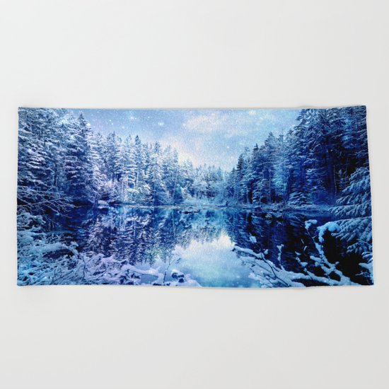 Blue Winter Wonderland : Forest Mirror Lake Beach Towel