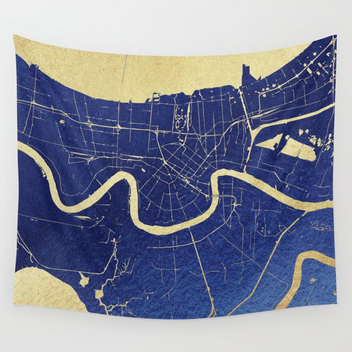 New Orleans Blue and Gold Map Wall Tapestry