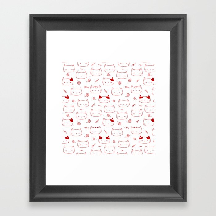 Red Doodle Kitten Faces Pattern Framed Art Print