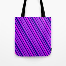 [ Thumbnail: Purple, Blue & Fuchsia Colored Lined Pattern Tote Bag ]