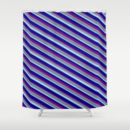 [ Thumbnail: Light Slate Gray, Light Blue, Dark Blue, and Purple Colored Lines/Stripes Pattern Shower Curtain ]