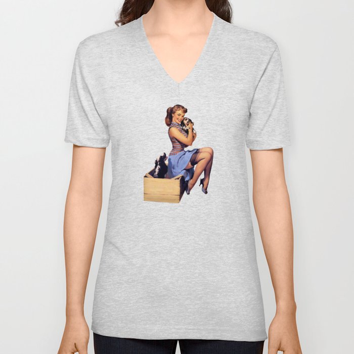 Brunette Pin Up Blue Skirt And Shoes Two Dogs Puppies V Neck T Shirt