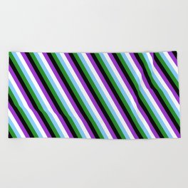 [ Thumbnail: Eye-catching Dark Orchid, White, Light Sky Blue, Forest Green, and Black Colored Stripes Pattern Beach Towel ]