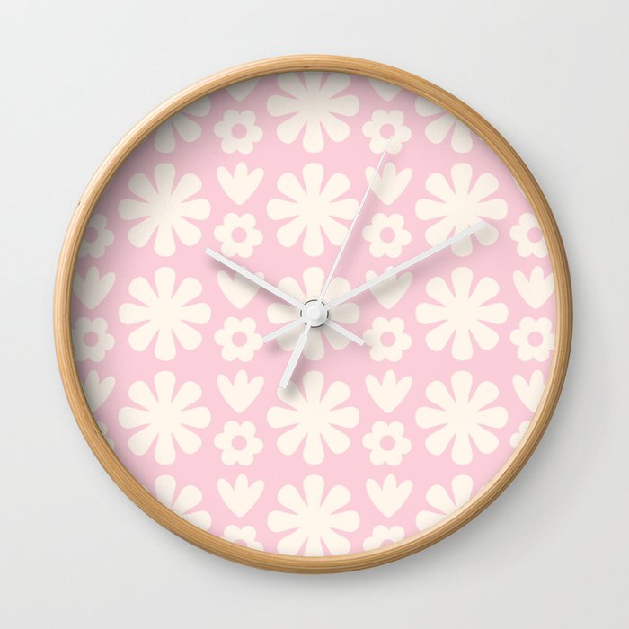 Scandi Floral Grid Retro Flower Pattern in Light Pastel Pink and Cream Wall Clock