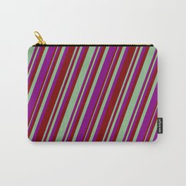 [ Thumbnail: Dark Sea Green, Purple, and Maroon Colored Striped/Lined Pattern Carry-All Pouch ]