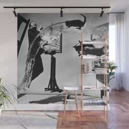 Dalí Atomicus, Salvador Dali painting with flying cats and water spurts surrealism / surrealist black and white photograph / photography by Philippe Halsman Wall Mural