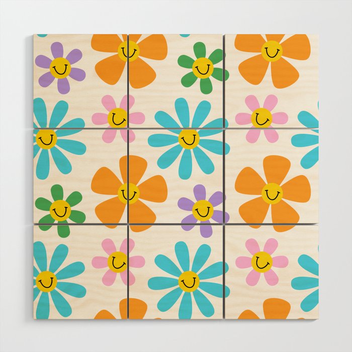 Colorful retro flower cartoon seamless pattern illustration Wood Wall Art