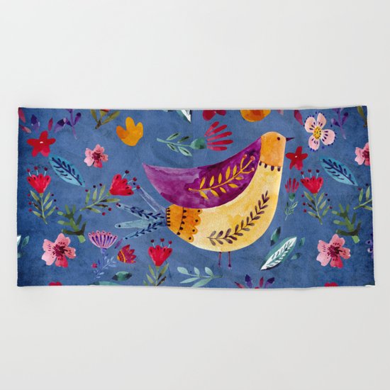 The Early Bird in Flower Garden Beach Towel