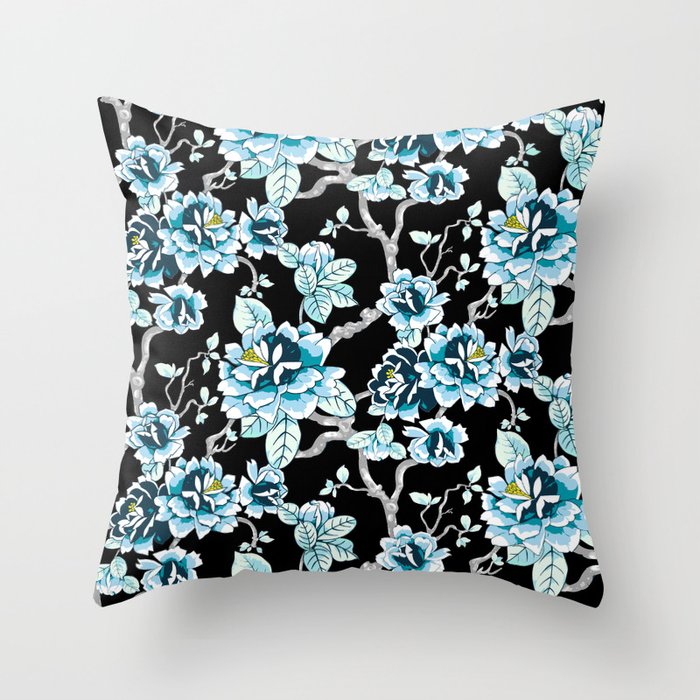 Spring Flowers Pattern Blue on Black Throw Pillow