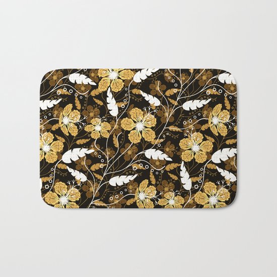 Abstract,floral pattern. Golden flowers on a black background. Bath Mat
