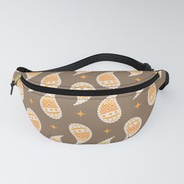 White Gold Paisley Print On Brown Background Fanny Pack
