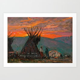Native American Indian Encampment at Sunset | Native Indigenous American Masterpiece | Joseph Henry Sharp | landscape painting Art Print