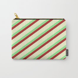 [ Thumbnail: Light Green, Red, and Light Yellow Colored Lined/Striped Pattern Carry-All Pouch ]
