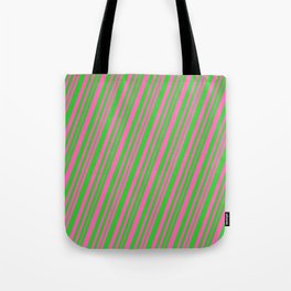 [ Thumbnail: Hot Pink & Lime Green Colored Lines/Stripes Pattern Tote Bag ]