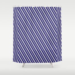 [ Thumbnail: Dark Slate Blue, Beige & Midnight Blue Colored Lined/Striped Pattern Shower Curtain ]
