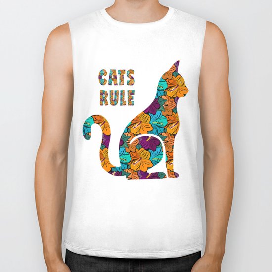 Cats Rule Silhouette With Hibiscus Flowers Biker Tank