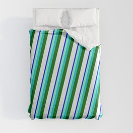 [ Thumbnail: Blue, Aquamarine, Dark Turquoise, Dark Green & Mint Cream Colored Stripes/Lines Pattern Duvet Cover ]