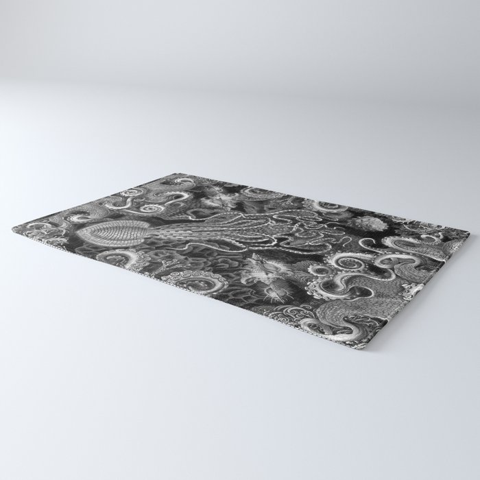 The Kraken Black White Square Rug By Mechanicalwhispers