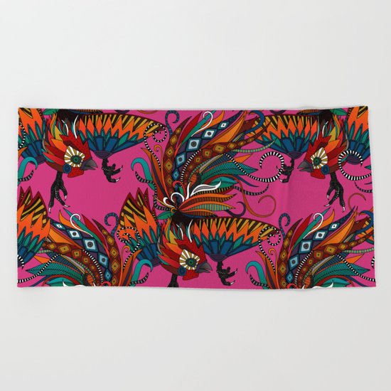 rooster ink pink Beach Towel