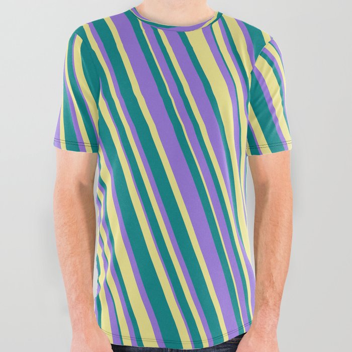 Teal, Purple, and Tan Colored Lines Pattern All Over Graphic Tee