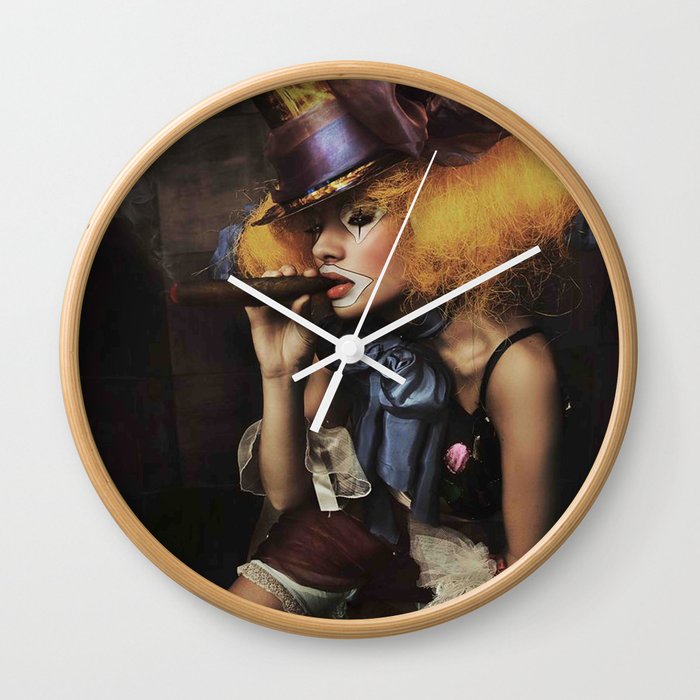 Sad Girl Clown With Old Dress Smoke A Cigar Wall Clock By