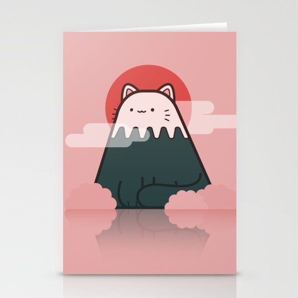 Japan Mt Fuji Cat on a pink background with clouds and a rising sun  Stationery Cards