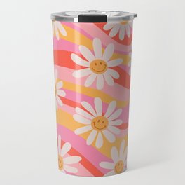 Wavy Daisies Travel Mug | Smiley, Daisy, Retro, Curated, Graphicdesign, Floral, Face, Happy, Painting, 60S 