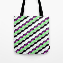 [ Thumbnail: Light Green, Purple, Mint Cream & Black Colored Lines Pattern Tote Bag ]