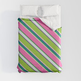 [ Thumbnail: Hot Pink, Teal, Green, and Light Cyan Colored Stripes/Lines Pattern Duvet Cover ]