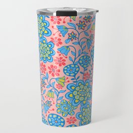 GARDEN WILD BOHO FLORAL in ICY BLUES RED YELLOW ON PINK Travel Mug