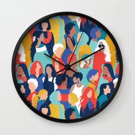 Every day we glow International Women's Day // midnight navy blue background teal, mint, electric blue neon orange red and gold humans  Wall Clock