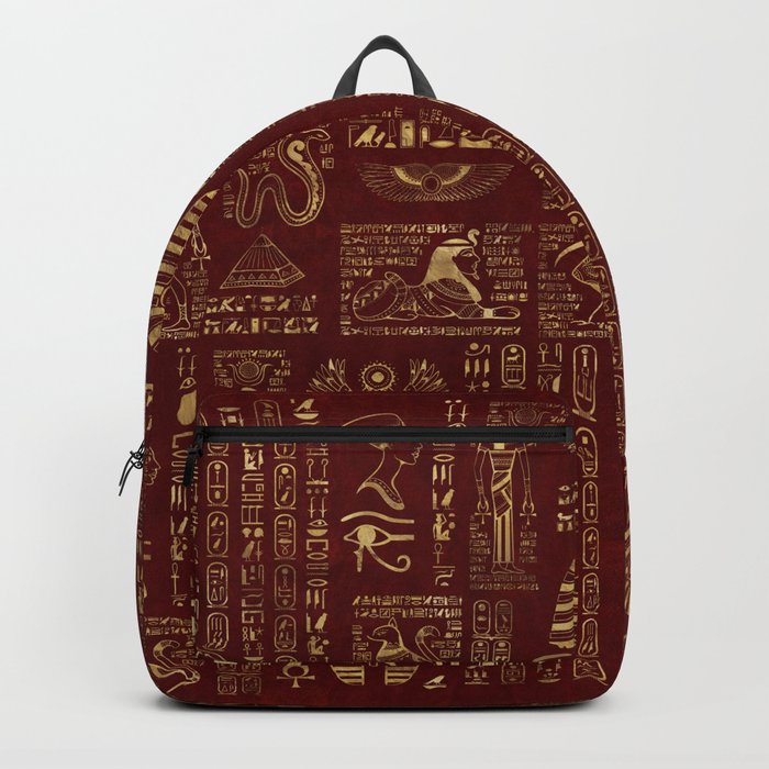 Egyptian hieroglyphs and symbols gold on red leather Backpack