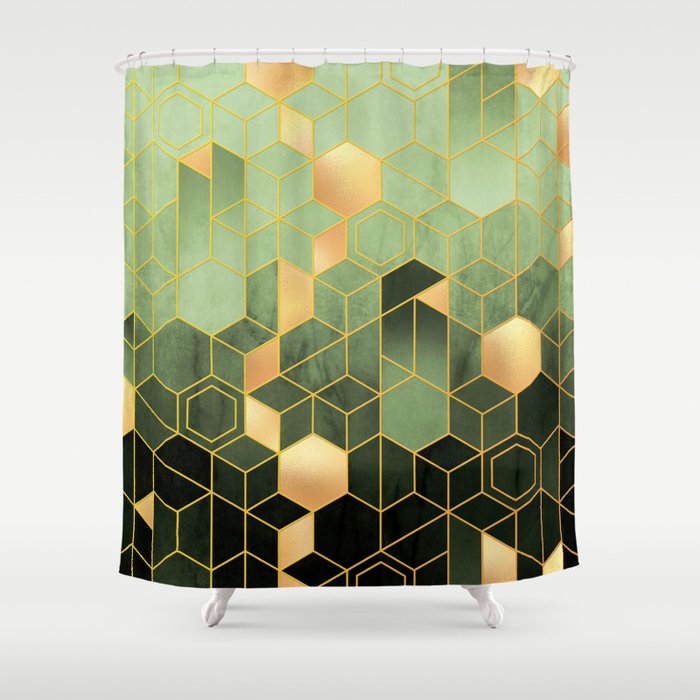 Olive Green + Golden Hexagonal Modern Abstract Pattern Shower Curtain