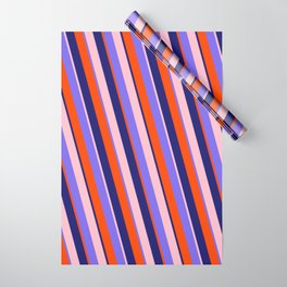[ Thumbnail: Medium Slate Blue, Red, Midnight Blue, and Pink Colored Lined/Striped Pattern Wrapping Paper ]