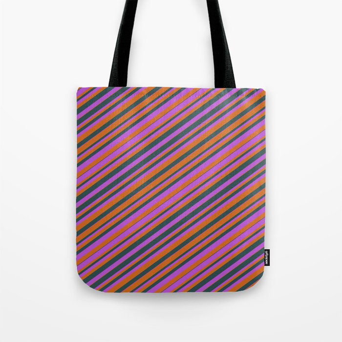 Chocolate, Dark Slate Gray, and Orchid Colored Striped Pattern Tote Bag