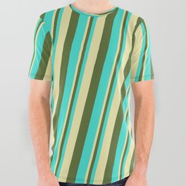 [ Thumbnail: Pale Goldenrod, Dark Olive Green & Turquoise Colored Lines Pattern All Over Graphic Tee ]