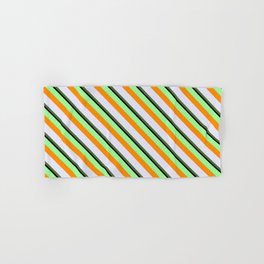 [ Thumbnail: Colorful Green, Dark Orange, Lavender, Dark Olive Green, and Black Colored Lined Pattern Hand & Bath Towel ]